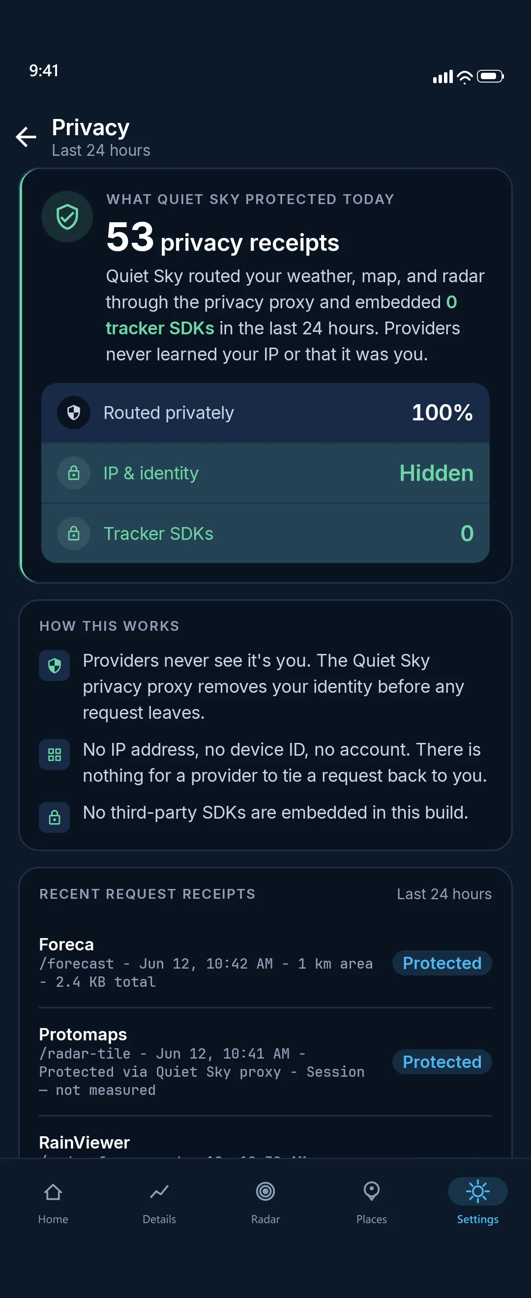 The in-app Privacy Dashboard showing private weather checks and zero trackers.